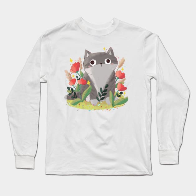 Cute gray cat Long Sleeve T-Shirt by Mayarart